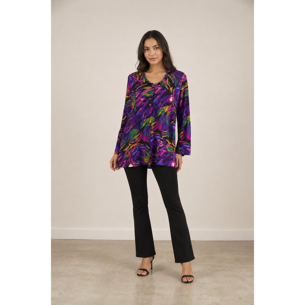 Womens Abstract Painterly Print Button Down Tunic Blouse Purple XL - Picture 2 of 8
